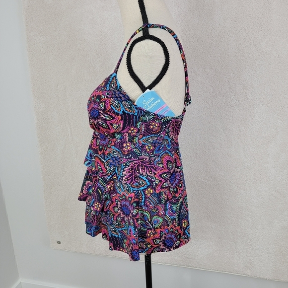 Swim Solutions Navy Multi Color Floral Tummy Control Tiered Swimsuit Sz10 D NEW - Picture 5 of 16